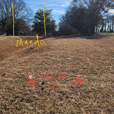 Hole 2. Double Mando to blind basket with water hazard infront of basket.