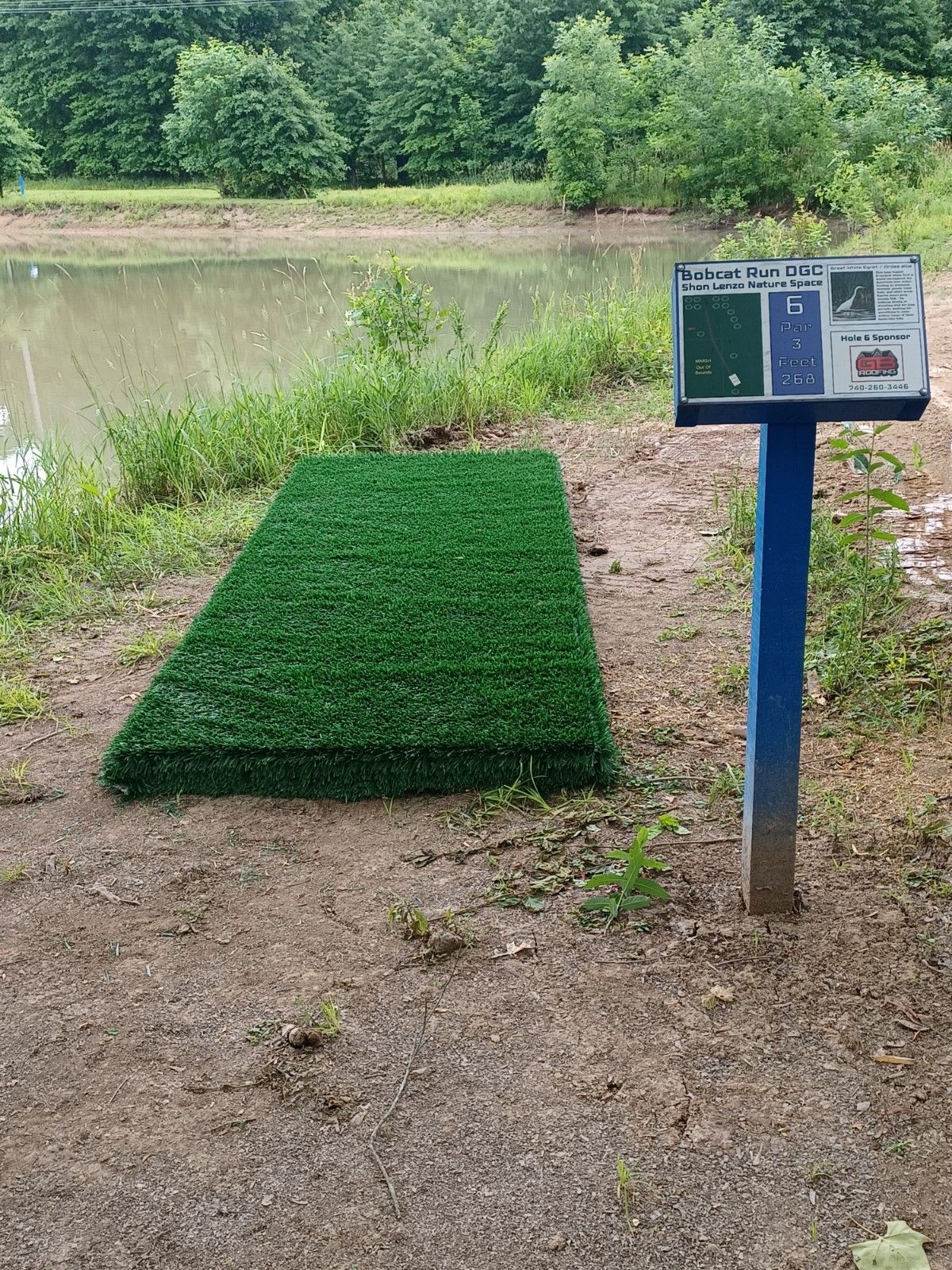 No. 6 tee shot over the pond off new turf pad