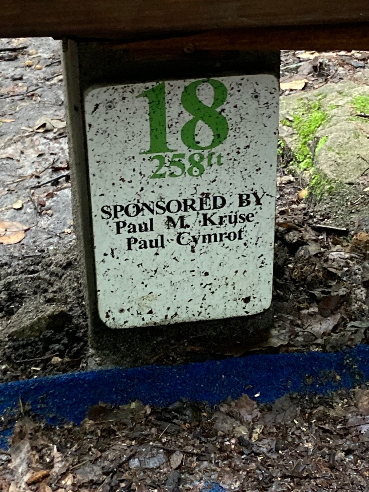Hole 18. Blind shot that follows stream. Basket is on right side. Waterfall is on left.