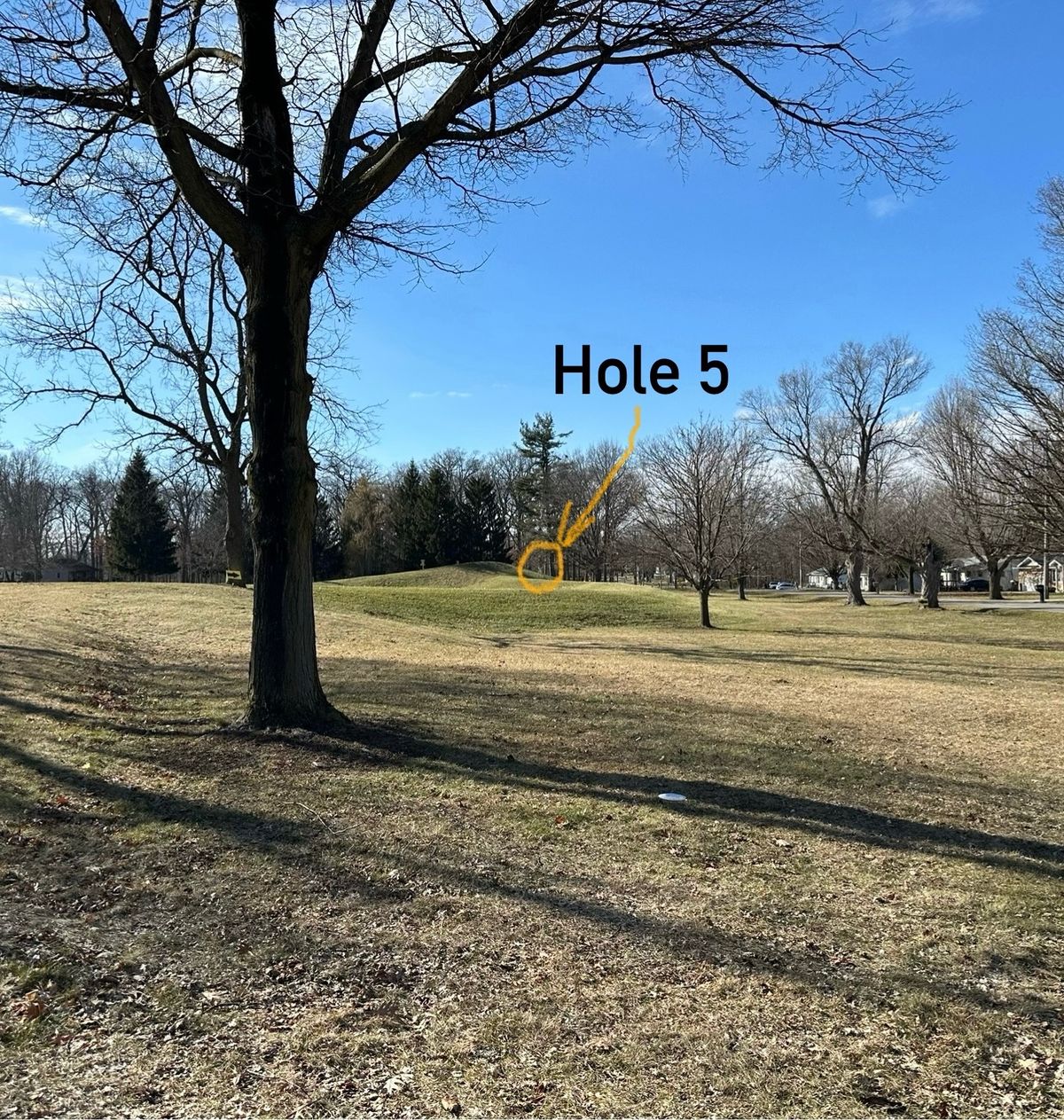 Hole 5 (Par 5) fairway. It is the basket on the right where the hill slopes down to the right. NOTE: Left of ground markers is OB. 
ALL OB is stroke-and-distance, meaning you throw from the previous lie and add a 1-throw penalty. This is the only hole that plays like this on the course.