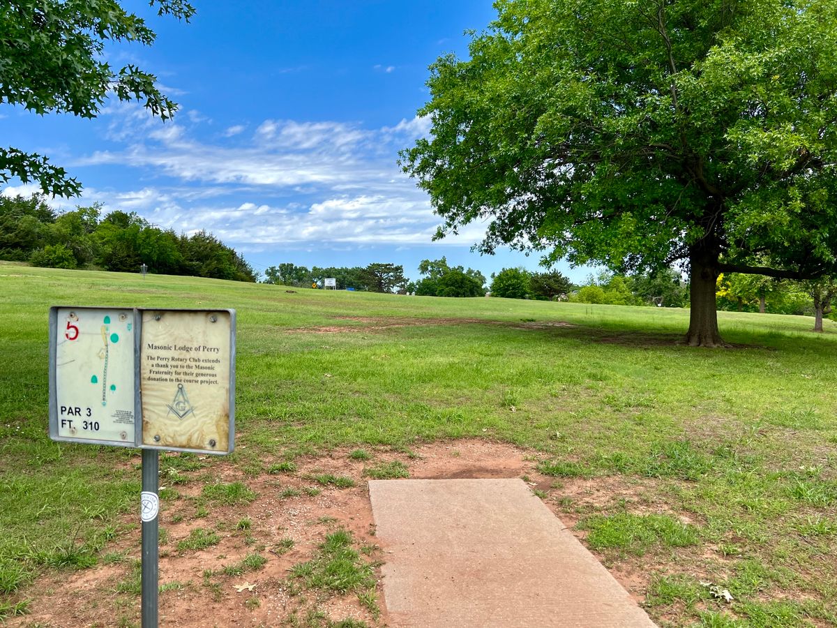 Hole 5. 310 ft par 3. Relatively flat and open after the tree by the tee pad.