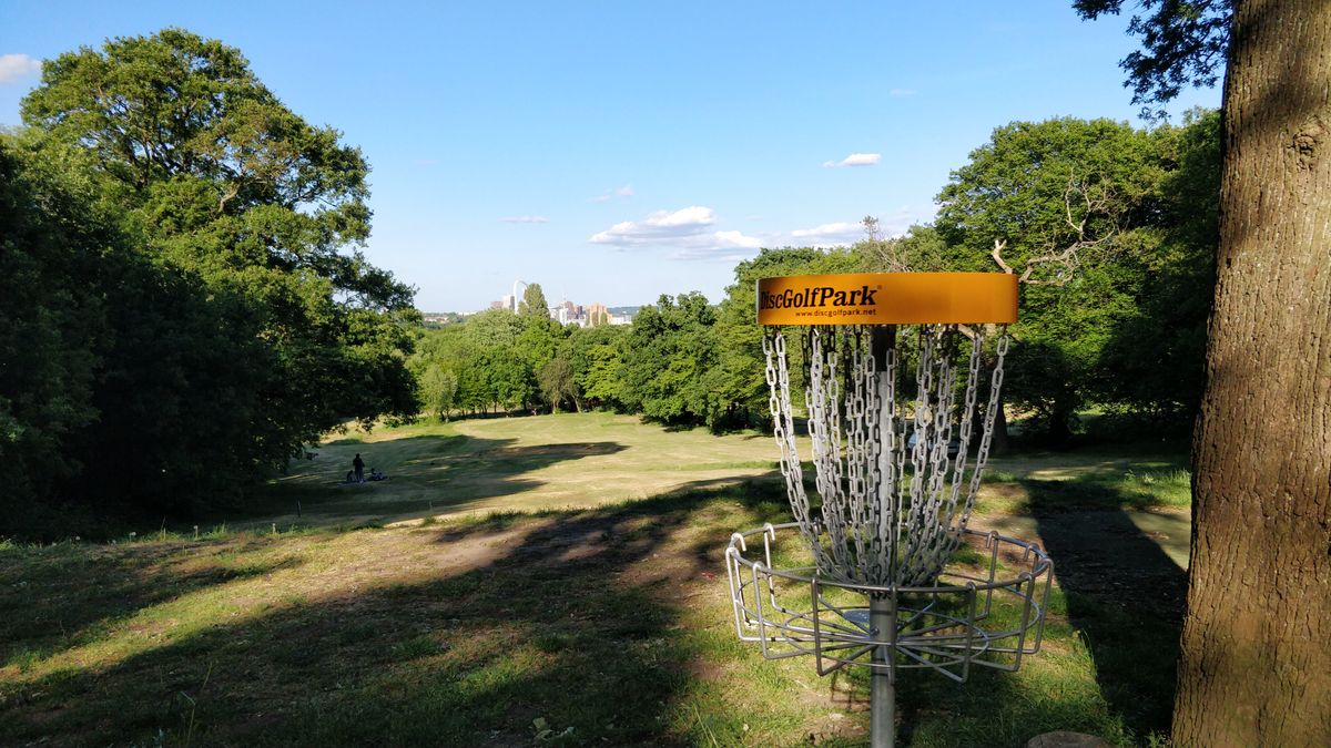 Hole 17s basket looking over London.