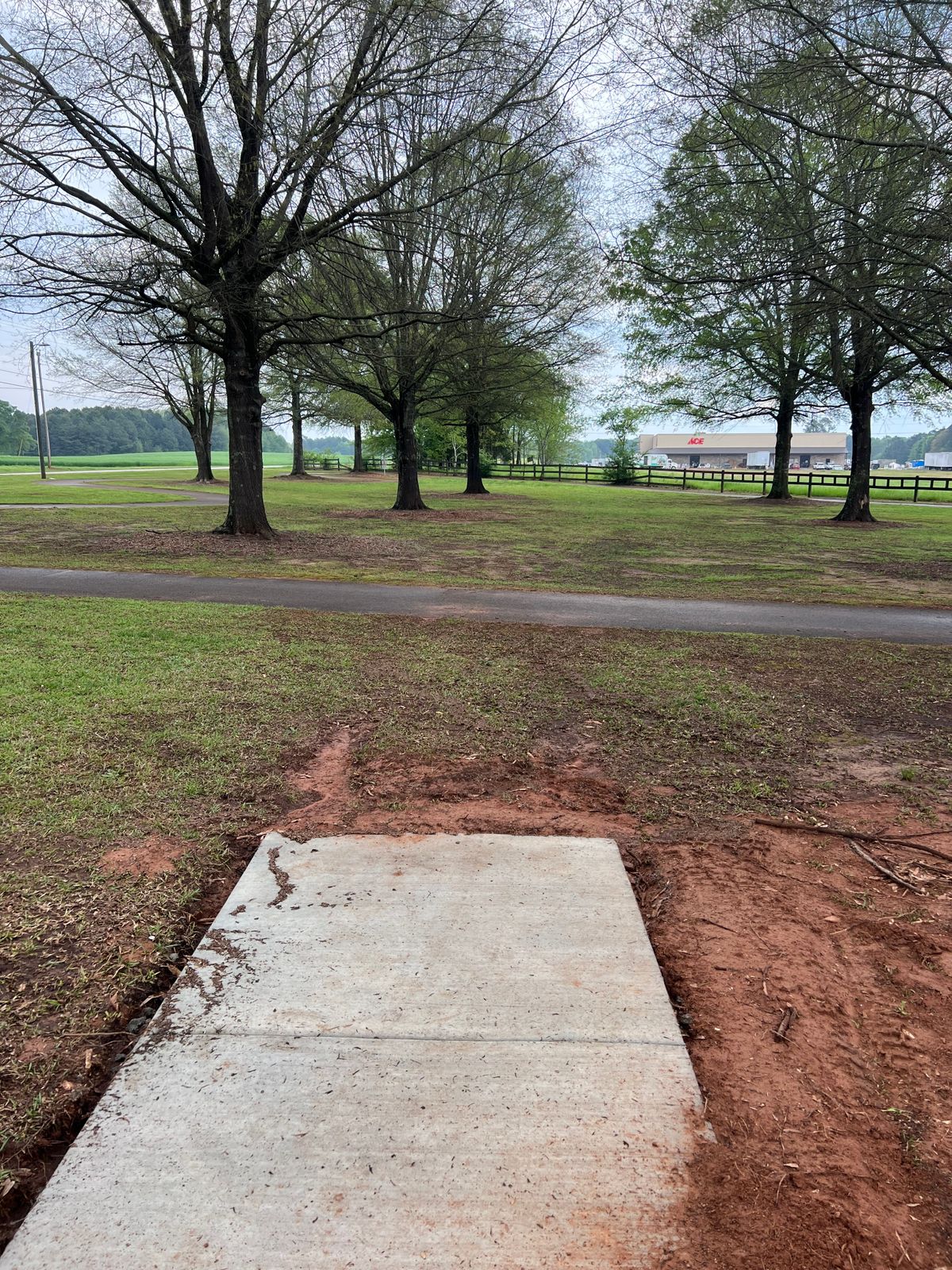 Hole 7 has a tree lined fairway that dog legs left to a 15’ peninsula green wrapped by OB path.