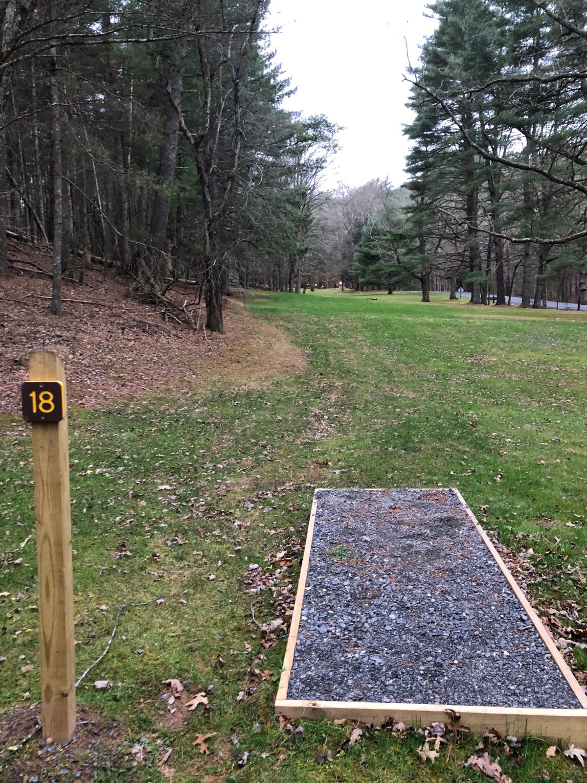 Tee Box 18 - long flat open drive, basket sits uphill with small dogleg left