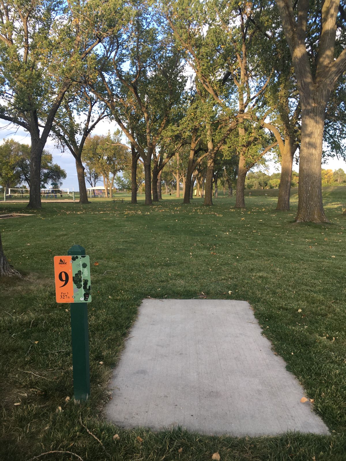 Hole#9- 327’. The  sand volleyball court on the left is OB as well as any play ground equipment area