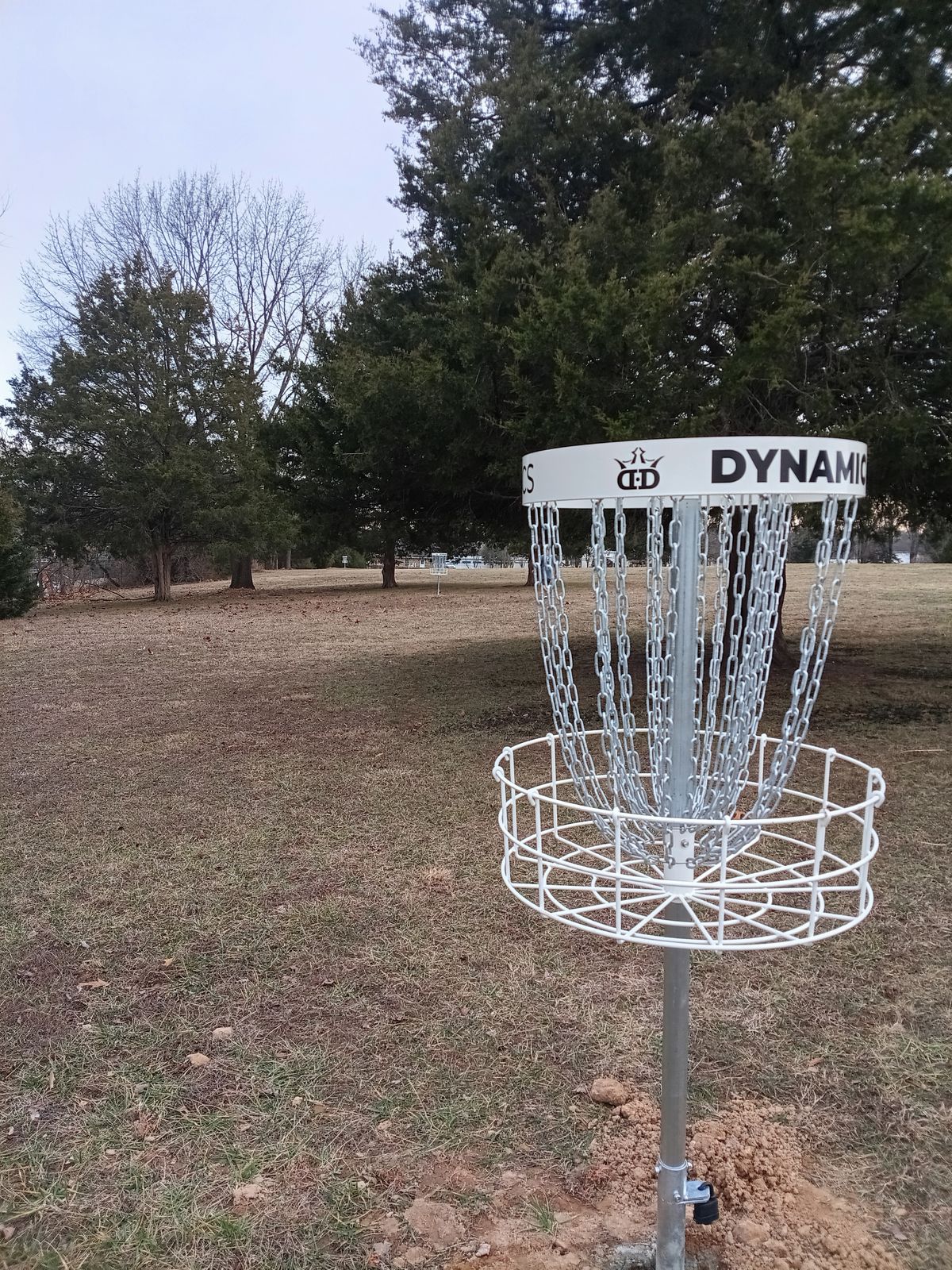 Hole 1 basket looking over to hole 3 basket.