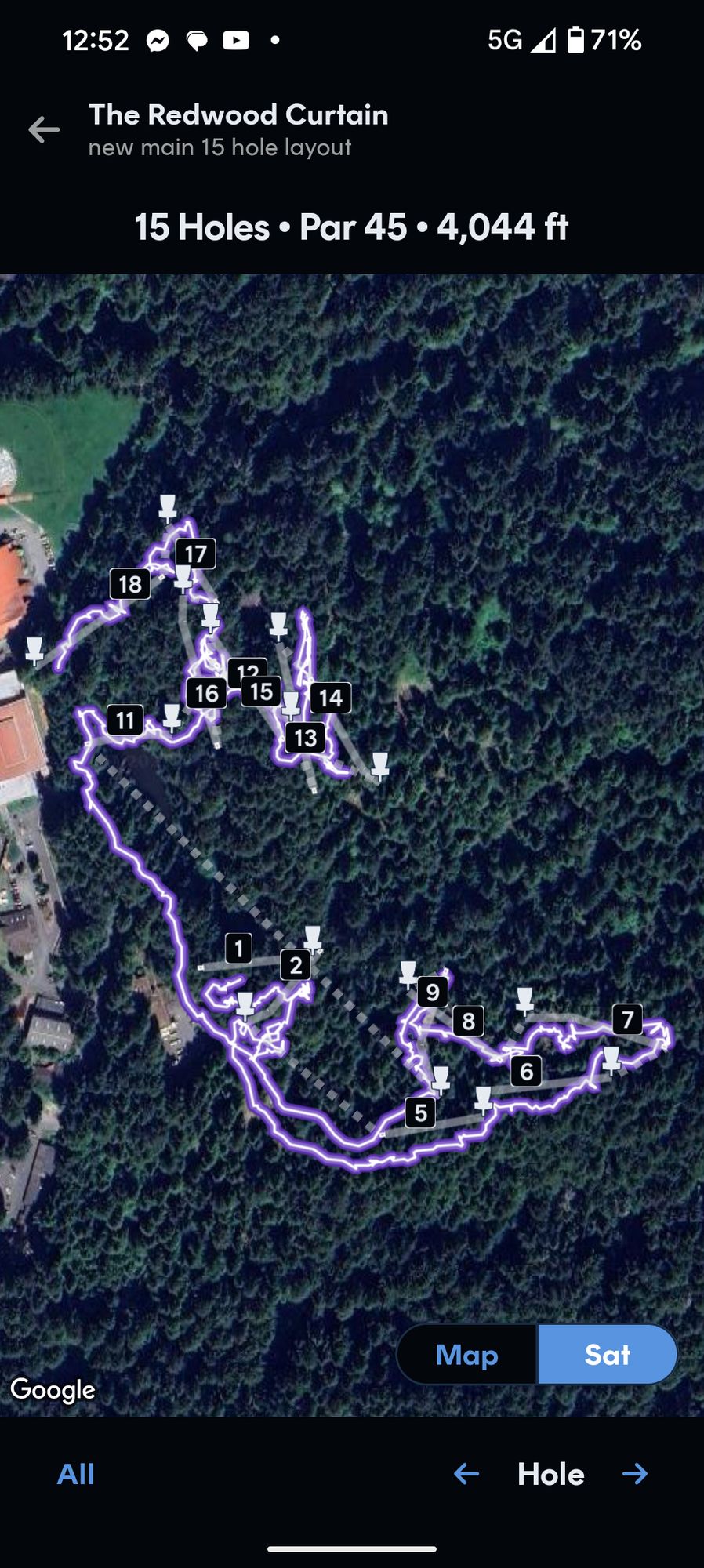 UDisc mapping of our game today showing our path of walking relative to the course layout.