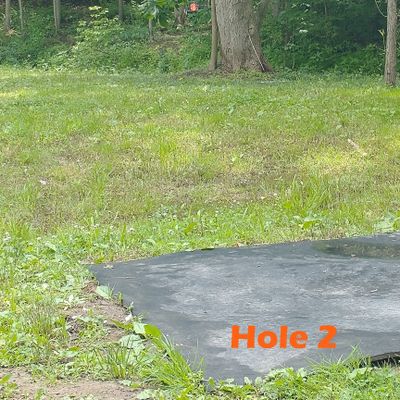Throwing across the creek to grey Titan basket (NOT the White Veteran basket on mound). To cross, use bridge on right, climb the mound, left on the trail.