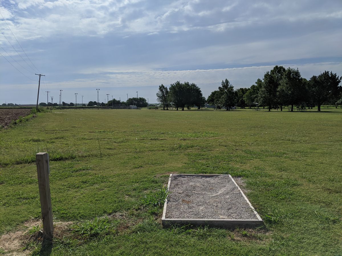 Hole 9 tee pad (longest hole 430 feet back to the tree line)