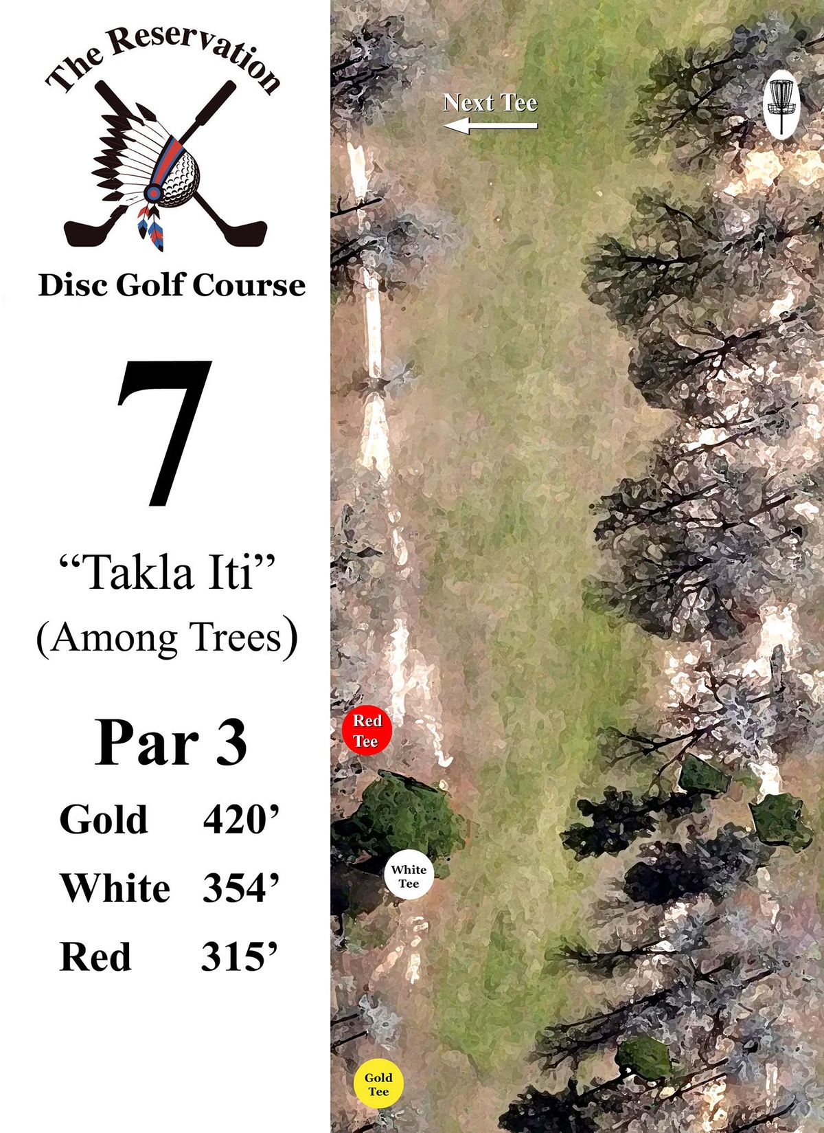 A mostly flat, long par 3 with a basket guarded by trees on the right.
