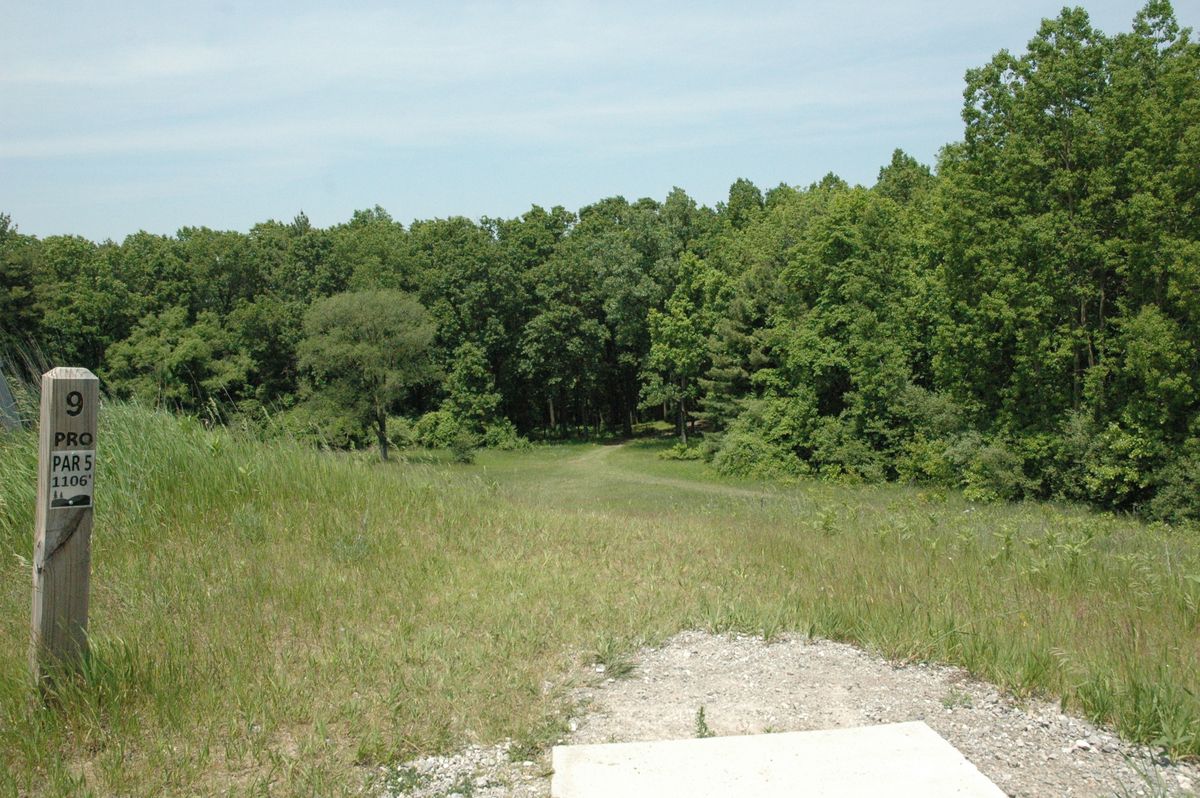 Hole 9 Pro tee pad, follow the visible path to find amateur tee pad/rest of Hole 9
