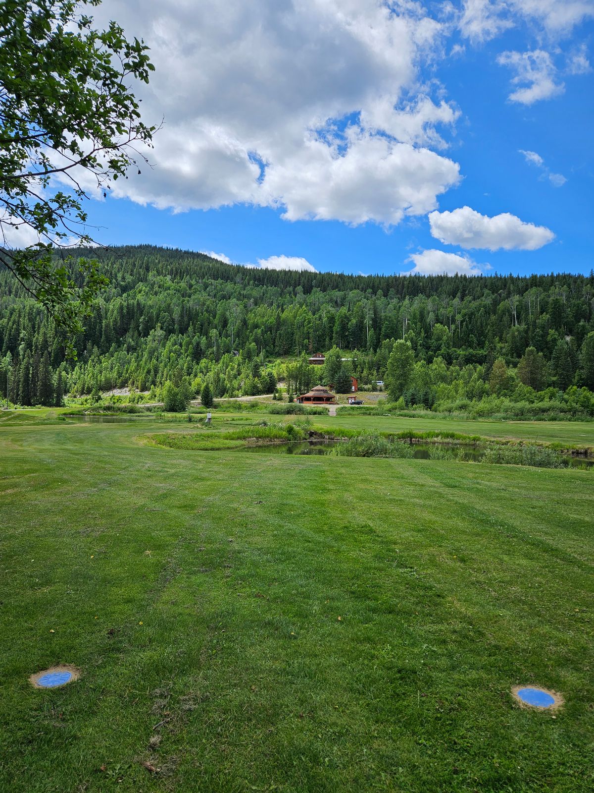 2 water carries to an island green. bridge/cart path and right, as well as parking lot OB