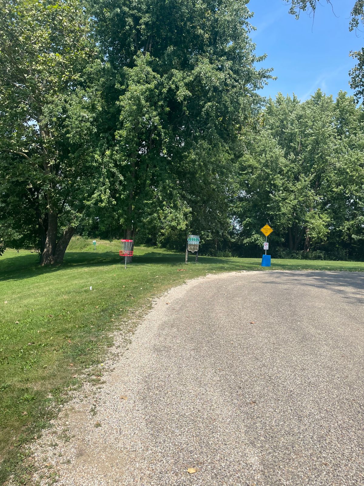 Hole 7 basket, if you throw something overstable you can skip it off this road here towards basket