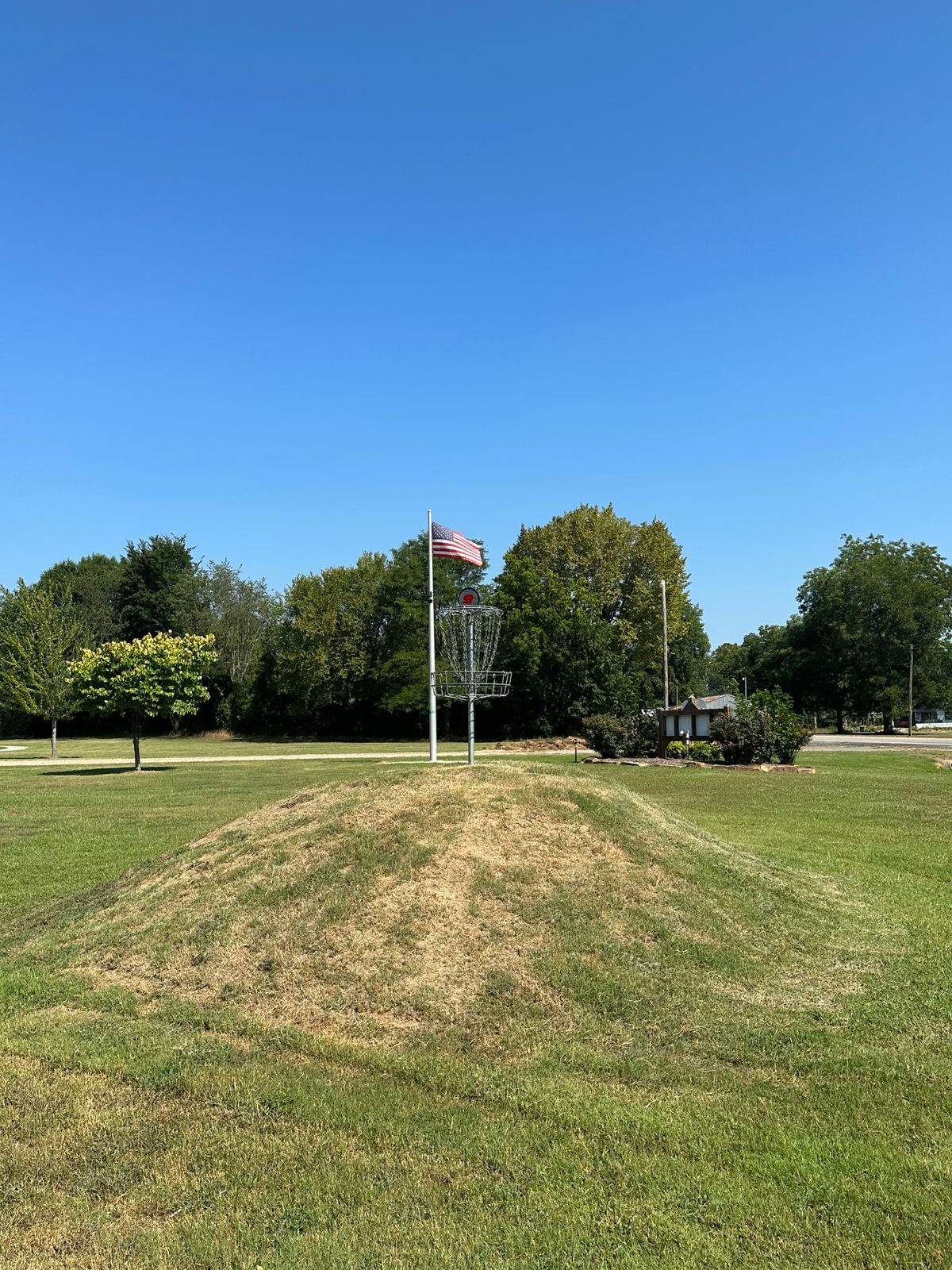 Beautiful picture of the elevated 9th hole basket and flag in the background. Mulberry Arkansas