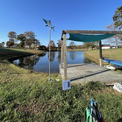 Hole 5 tee pad, water carry, basket over the edge of the backside bank. (Hole 9 in 2024)