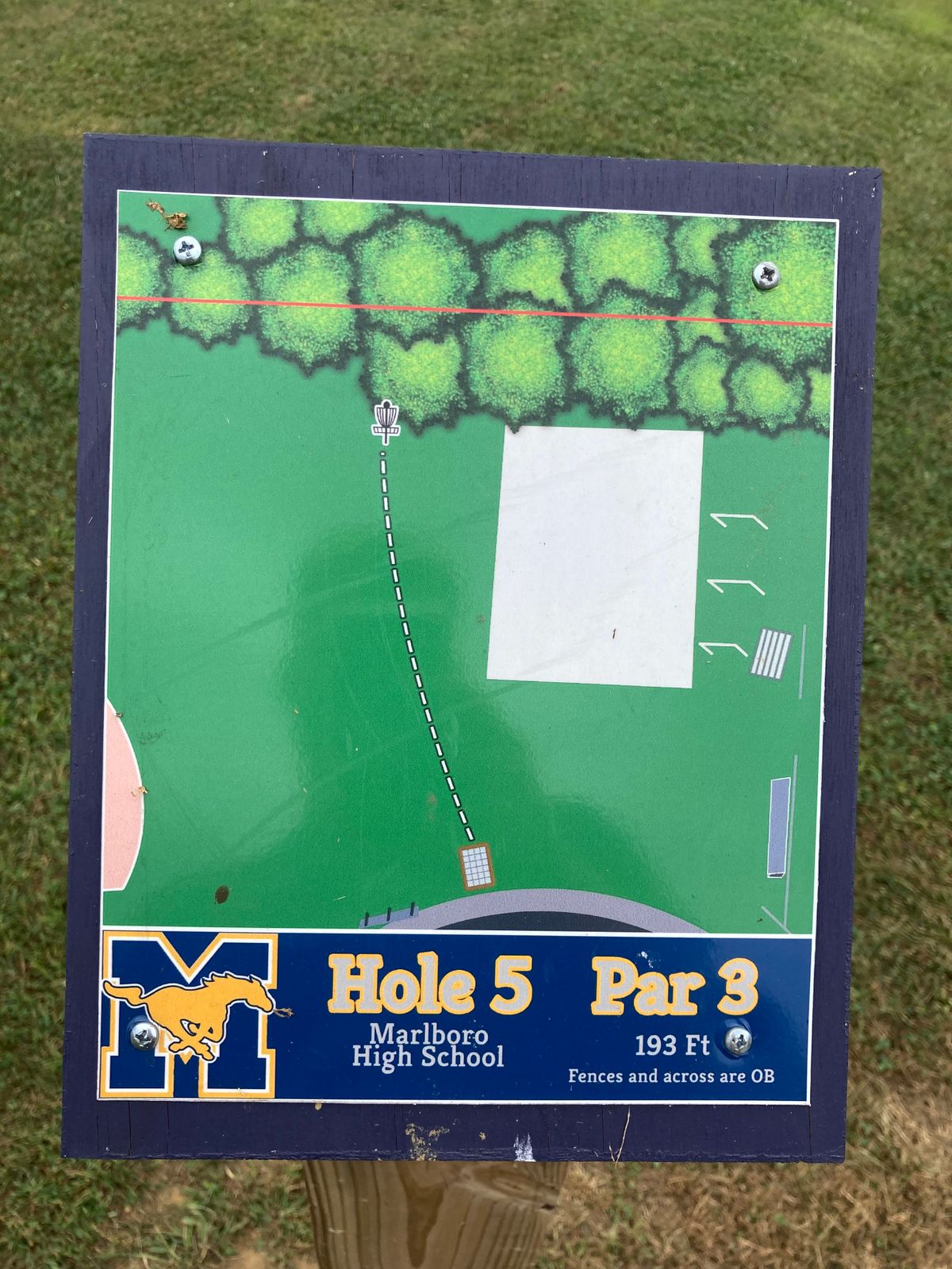 Hole 5- exceptional signage (hole 5 tee box right after basket 8. Keep walking fence line to hole 9)