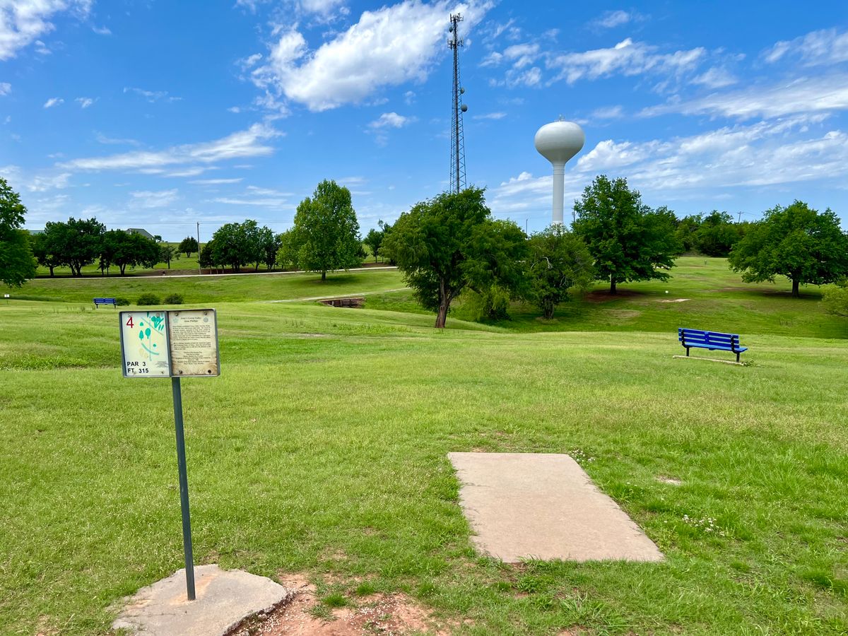 Hole 4. 315 ft par 3. The basket is on the far side of the creek bed, to the right of the bridge.