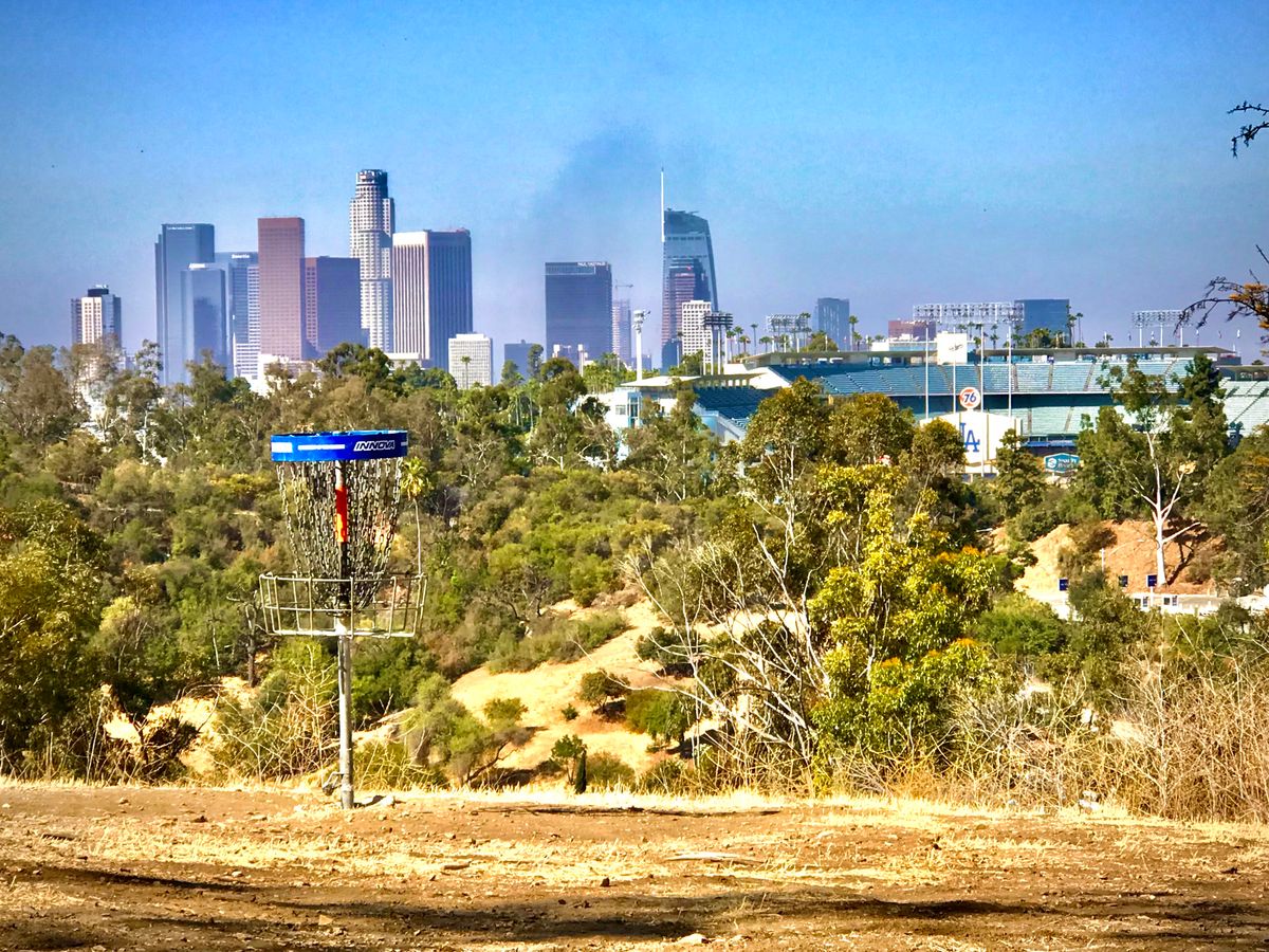 Iconic view of Dodger Stadium and the LA Skyline