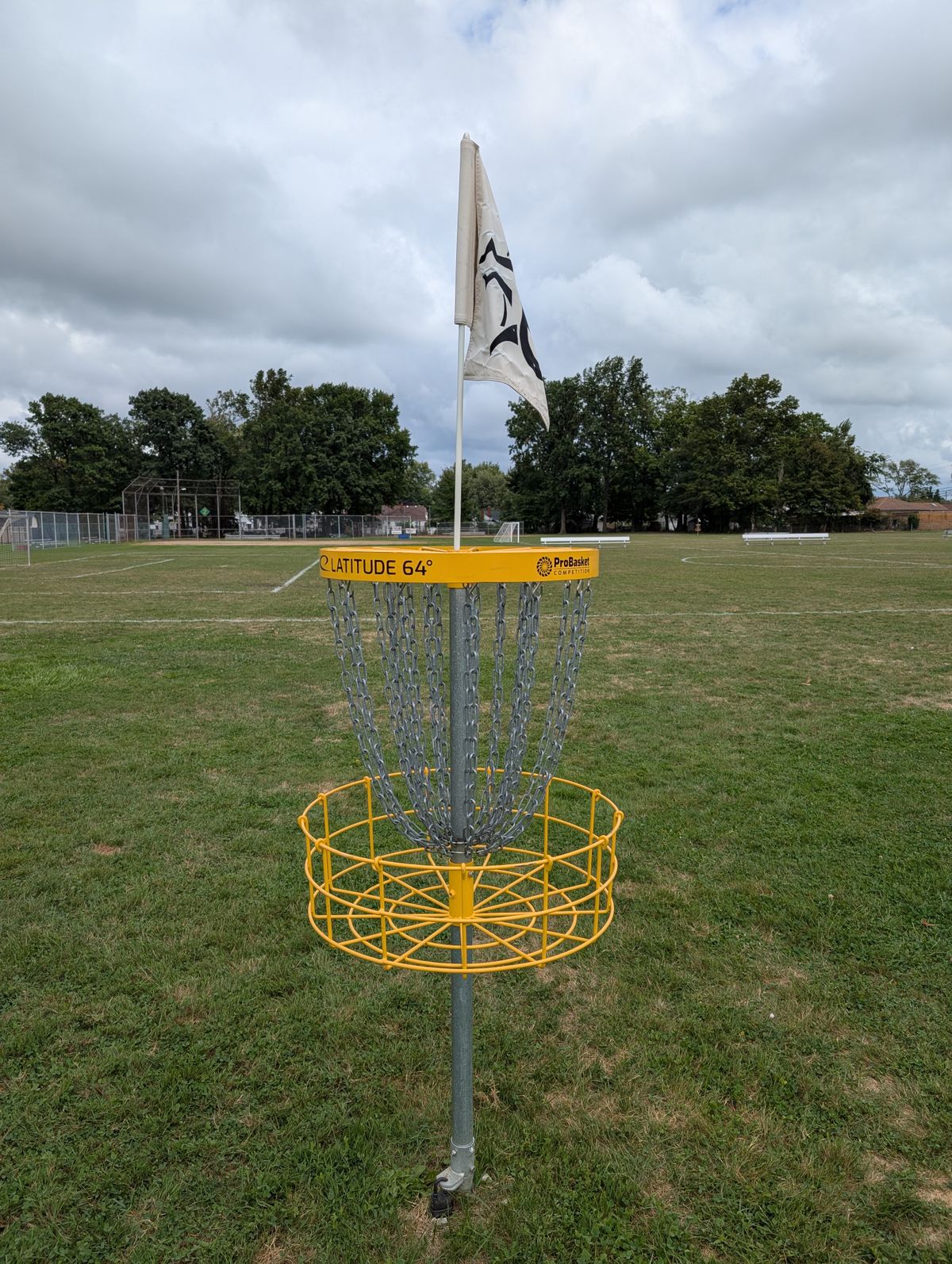 Practice Basket by volleyball courts, hole #1 beyond it