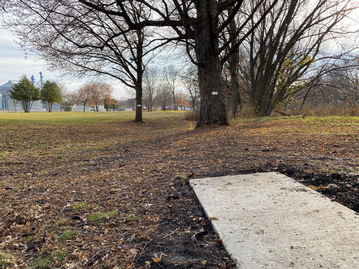 Hole 5 features a double mando and carries right. Basket is on the backside of the ball golf green.
