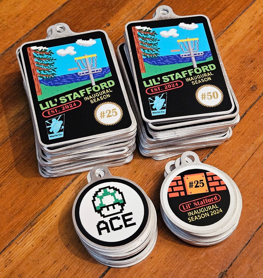 Bag tags and Ace tags for Tuesday Evening League