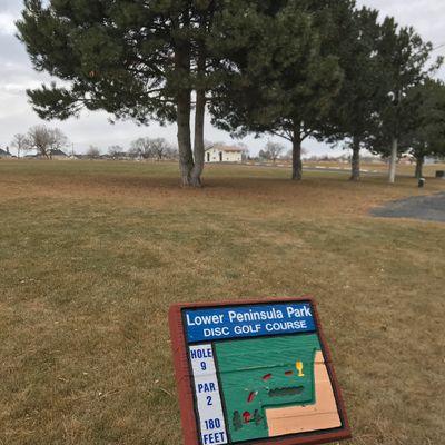 Hole 9, basket to the right of double trees.