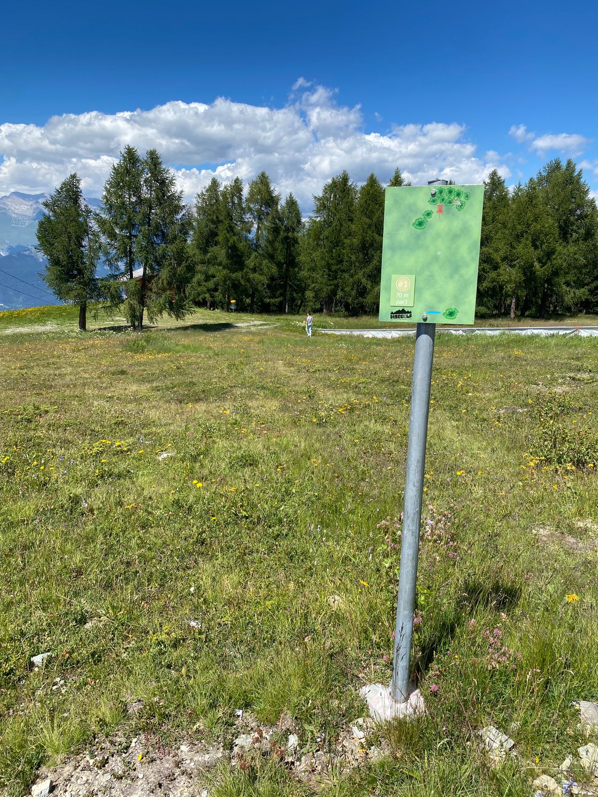 There are no real tee pads: every tee is simply marked by a sign showing a map of the current hole.