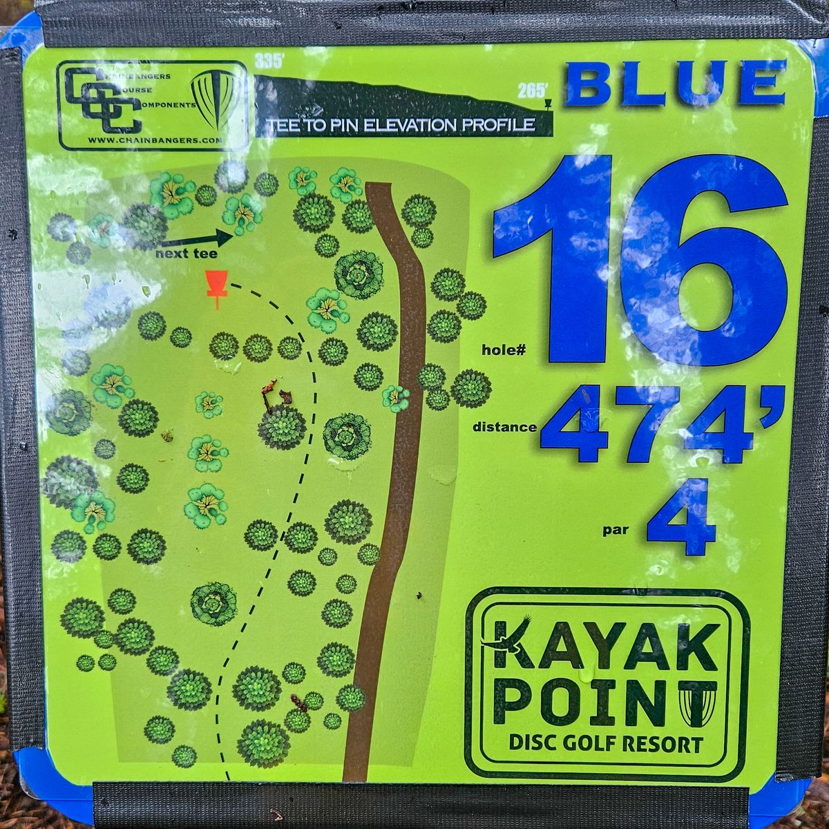 Blue 16 tee sign