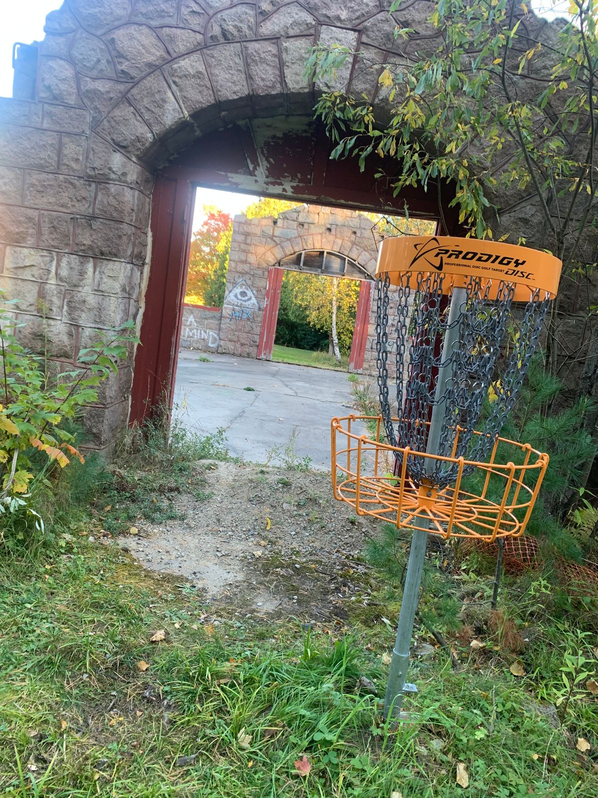View of hole 4 looking back towards the tee. Cool hole where you can play through the building.