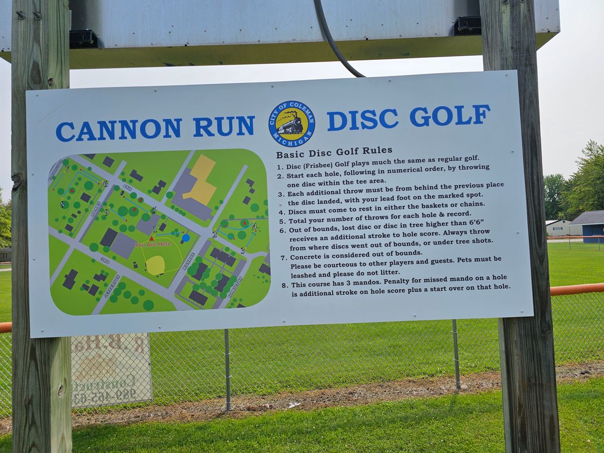 Sign and 1st hole start at the back of the baseball field by the pavilion and main parking lot.