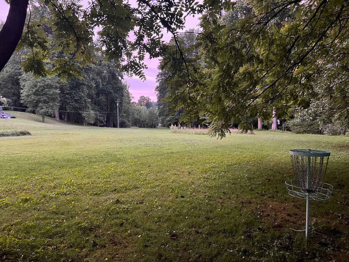 Hole 3 basket looking back down the fairway.