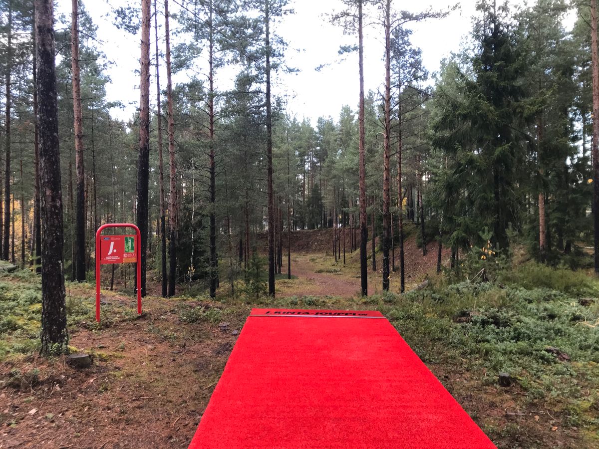 12-väylä: 70m, Par3 (suora heitto montun yli. Korin luona maa laskee, joten mitoita voima oikein)