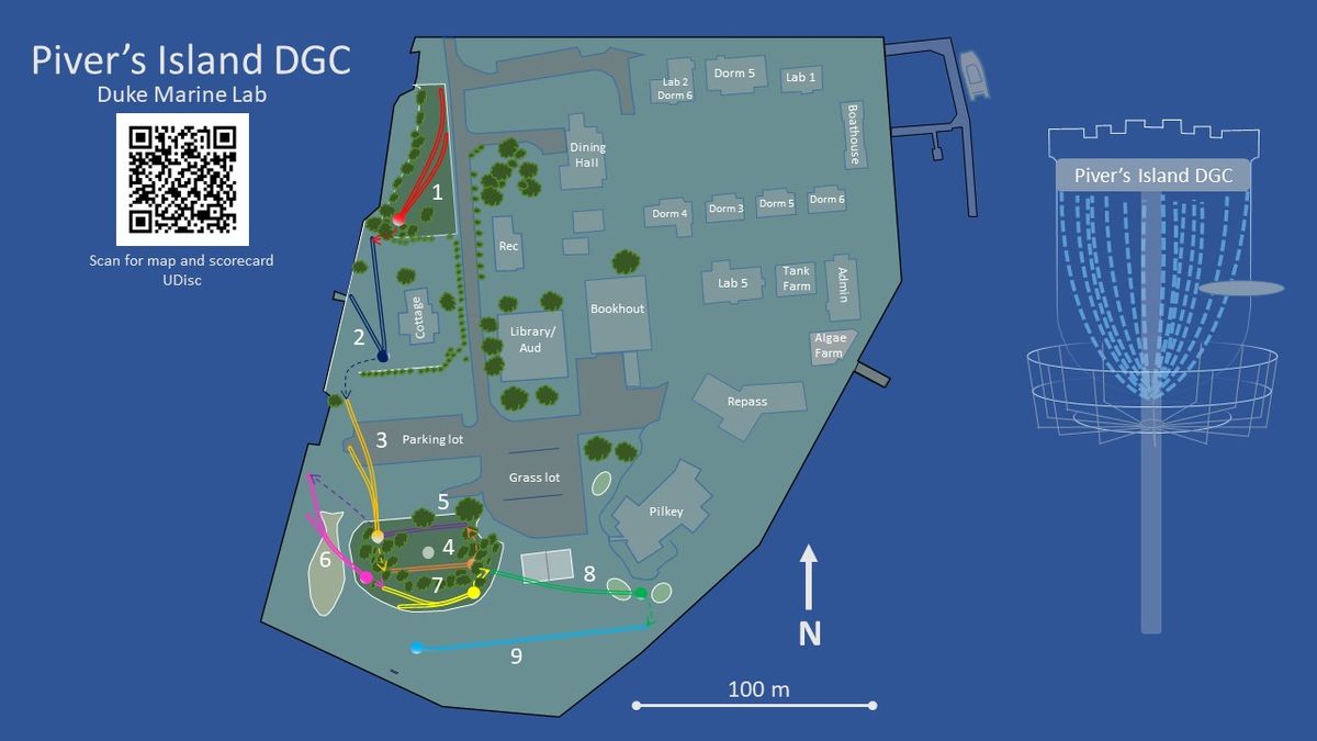 Updated course map with alternate tee locations for beginners (alternate tee signs not yet installed). To avoid losing discs and putting plastic in the water, skip hole 2 if its windy and use caution on hole 9! Out of bounds (OB) is anywhere not in the grass e.g. mulch, sand, road, water. OB on holes 3-7 is outside of the railroad ties. Drop zone for hole 3 is on the floating dock. The drop zone for hole 6 is by the info sign near the tail of the fish! OB on hole 9 is within volleyball court, inside railroad ties around the maritime forest and over the seawall. 