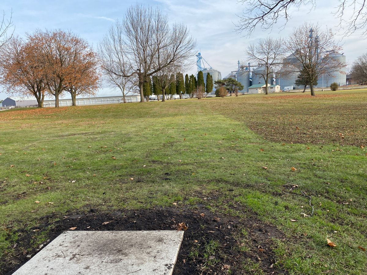 Hole 7 teepad. Basket is in line with the flag pin, behind the row of trees.