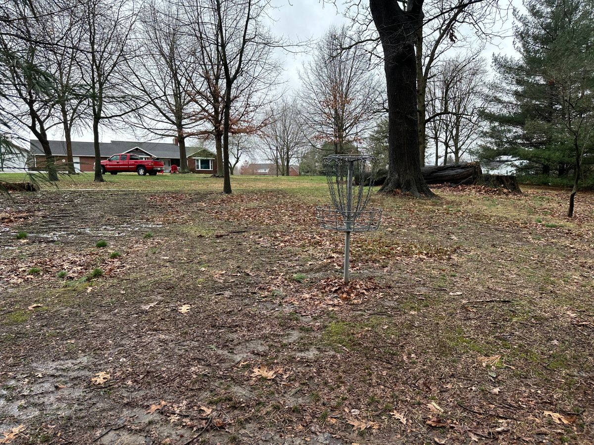 Hole 1 basket looking up the fairway.