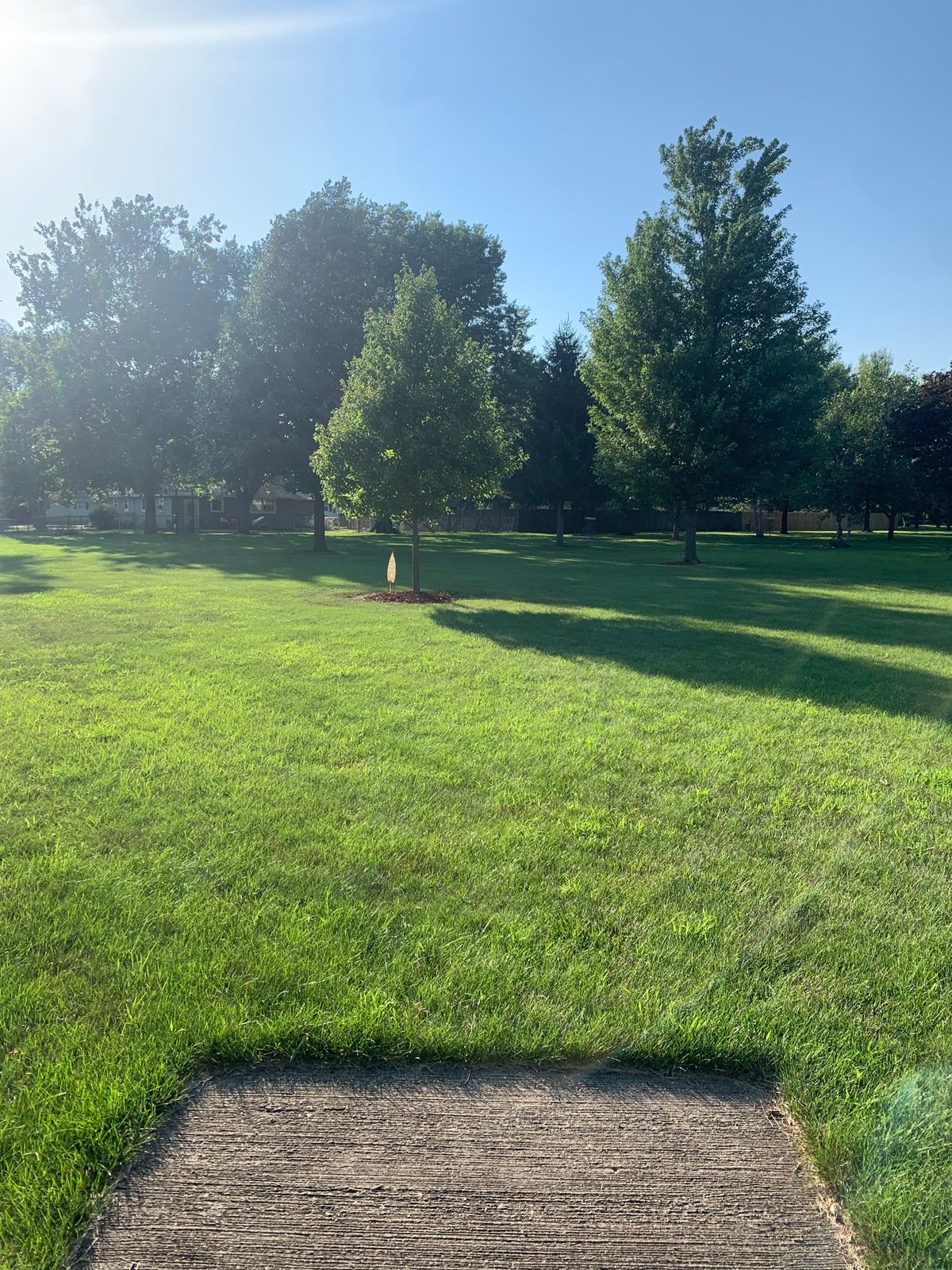 View from tee of hole #2. Basket on the left is the goal