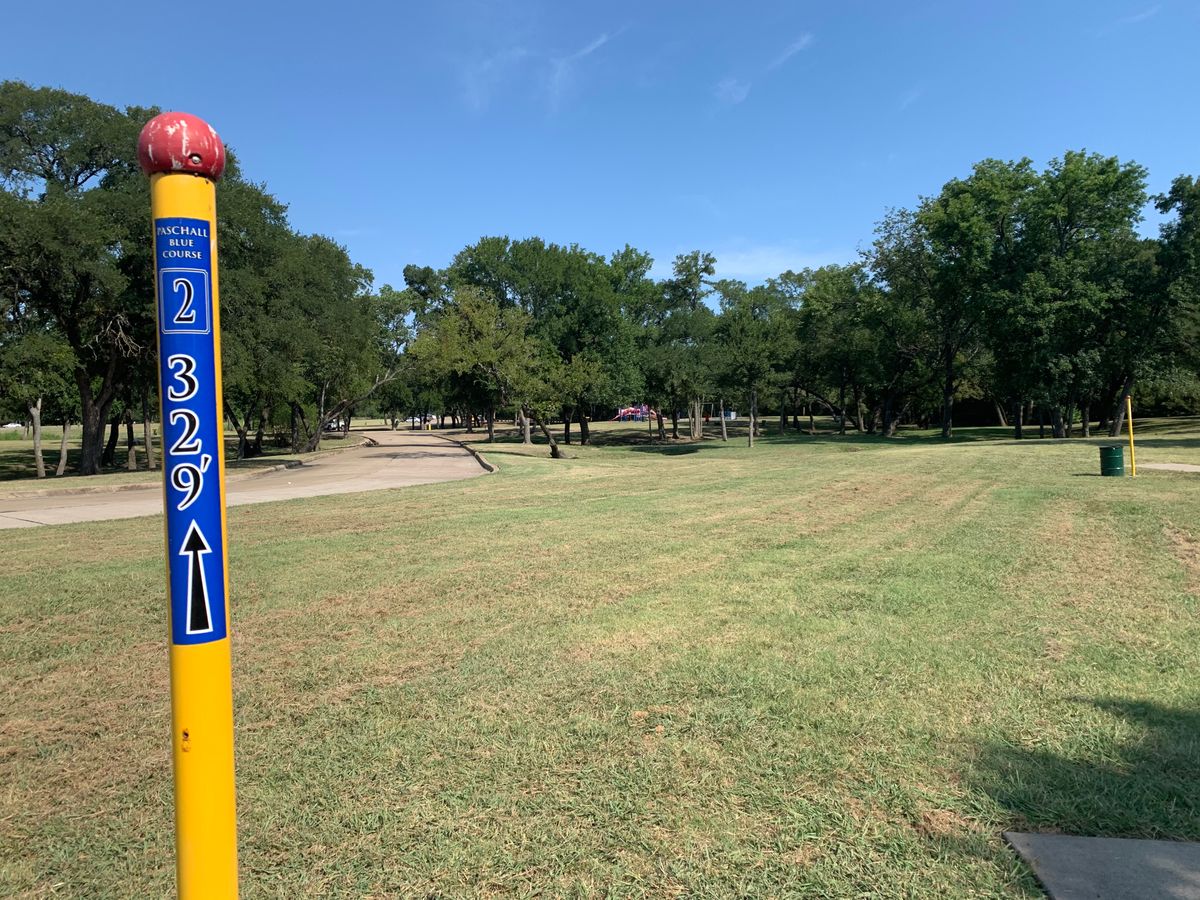 Hole 2. 329 Feet. Straight ahead. Some trees and small creek paths to contend with on the way.
