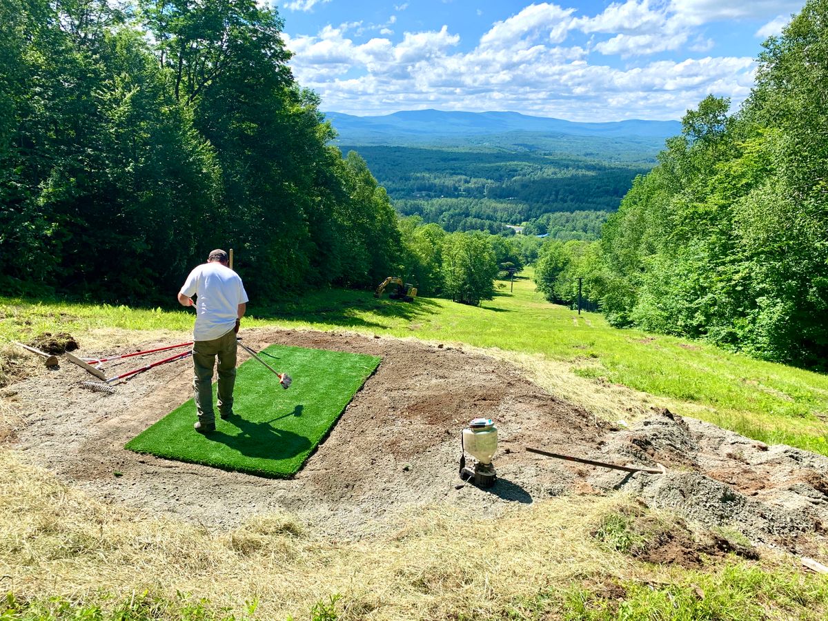 Upgraded tee pad area on 15 to flush mounted turf with level platform.  6/20