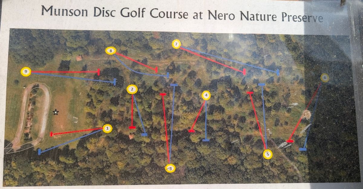 Course map on board. All par 3 for reds except hole 7, which is par 4. For blues holes 6 & 7 are par 4, the rest are par 3.