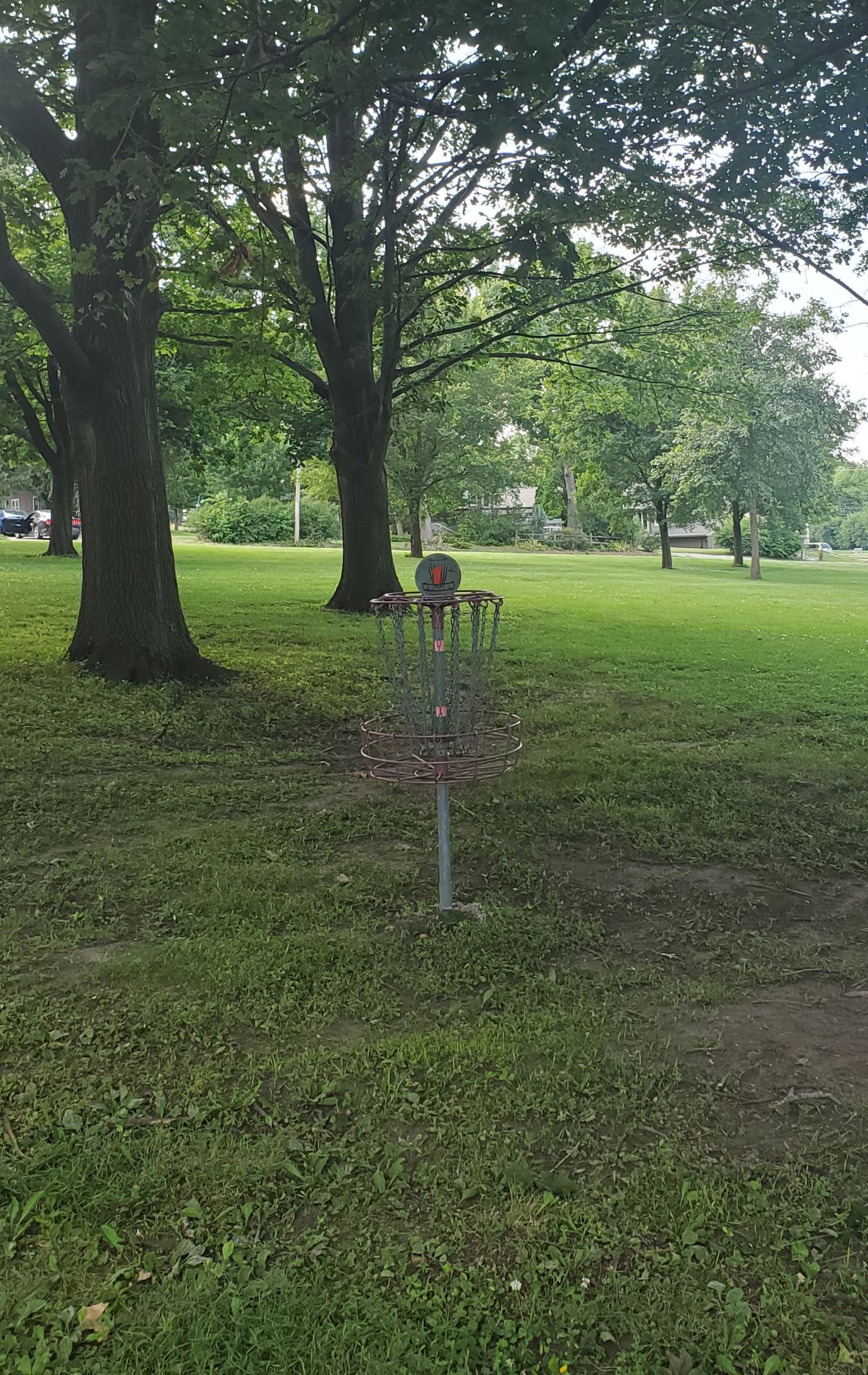 Tee boxes and baskets are surrounded by trees that require accuracy.