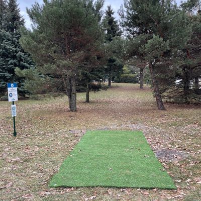 Hole 9 tee with basket and green just visible through the trees.