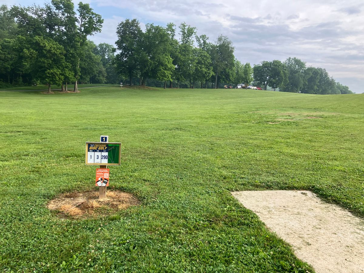Hole 1 sub300’ tucked under the tree line. Road is OB.