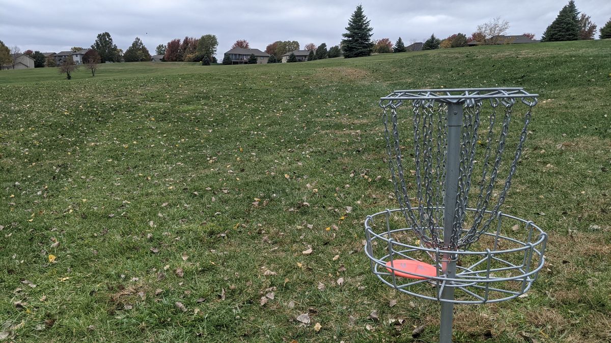 Tee #2. (Basket 1). Hole is up on hill towards house and past pine tree on right