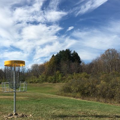 Basket of hole 8 looking back across the valley to the tee.