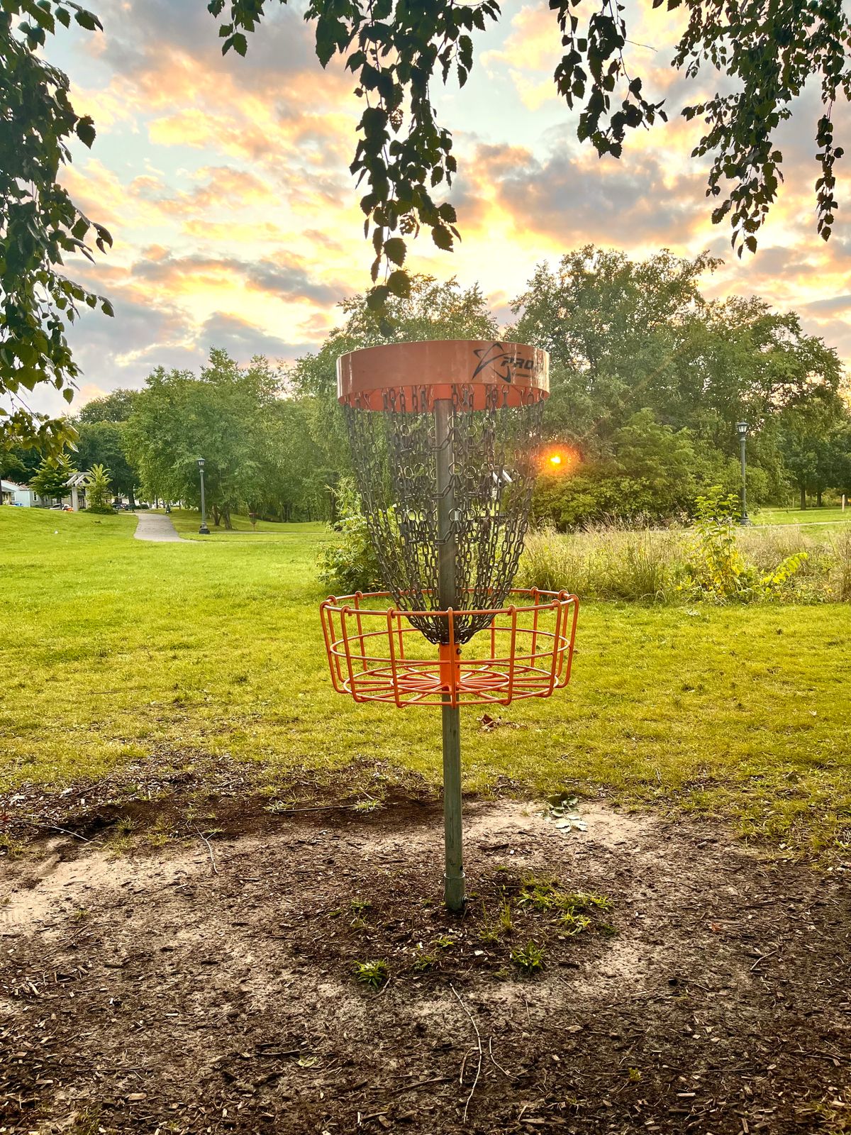 Hole 4 basket at sunset