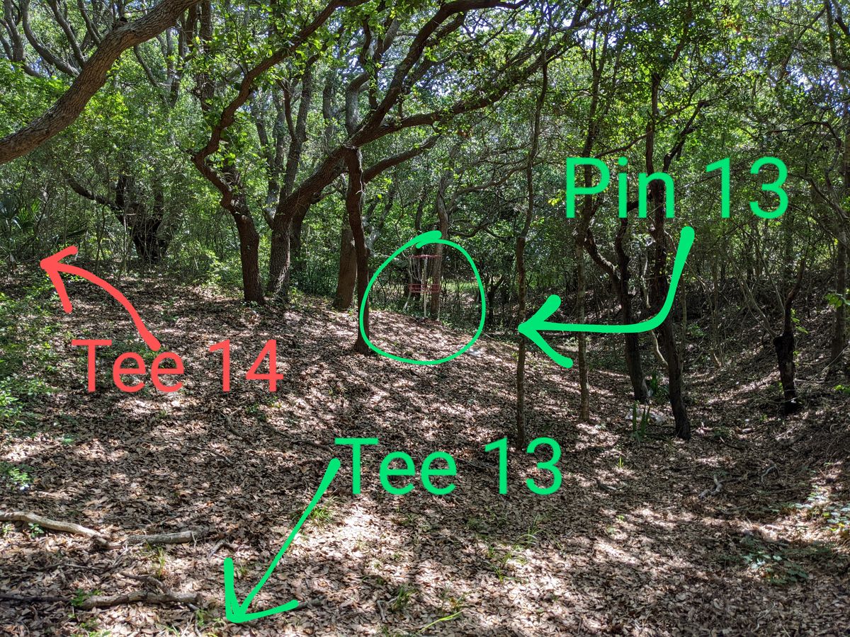 The path to 14 is on the left side of the fairway just before you get to the pin