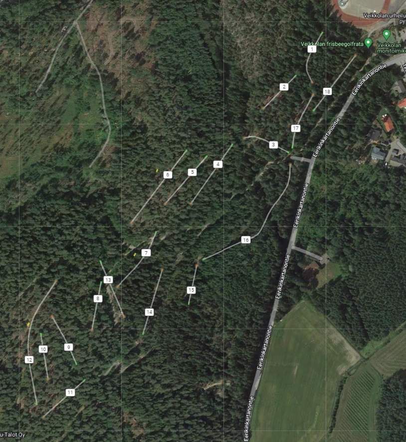 Veikkolan frisbeegolfradan keväänä 2023 päivitetty layout.