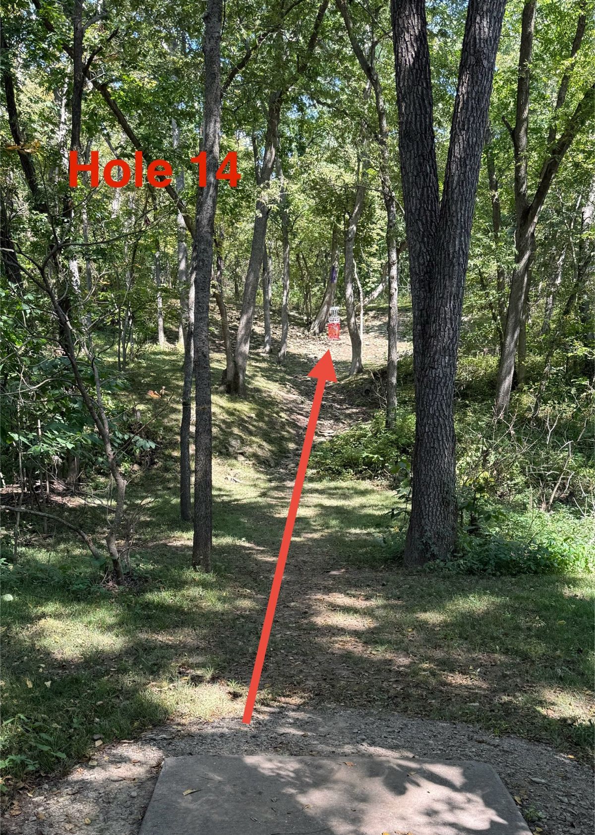 Hole 14 straight shot leading up steep hill with hanging basket above very rocky and steep hillside