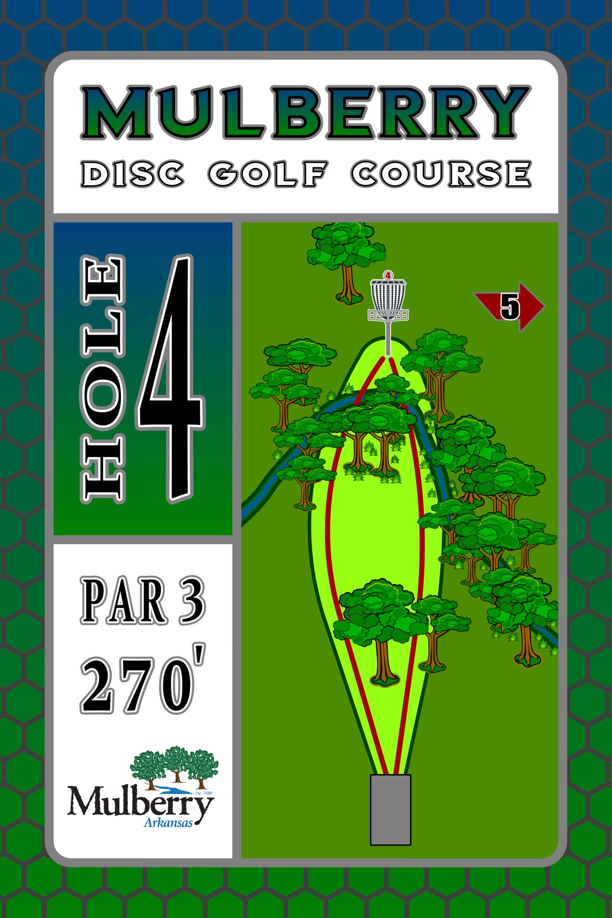 Tee sign hole 4 Mulberry Arkansas Disc Golf Course