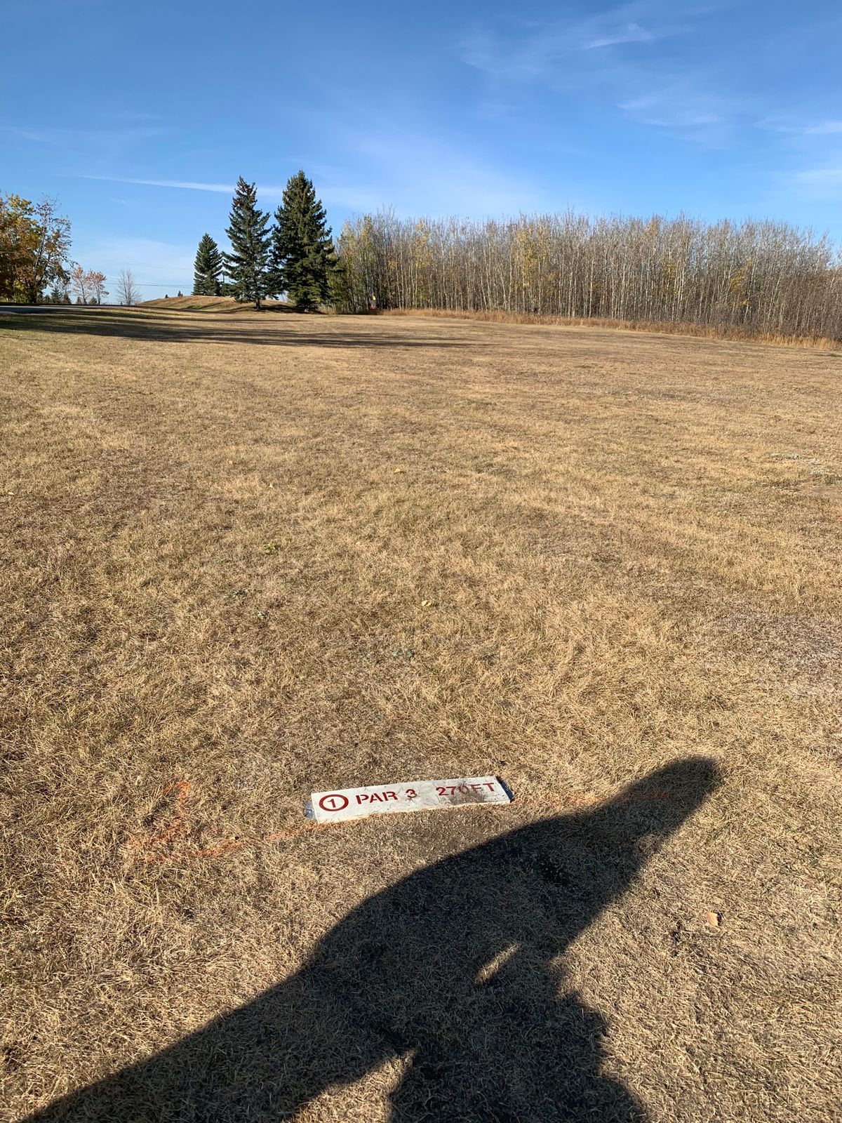 Tee marker for hole 1. Other holes a marked with spray paint at the moment.